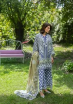 Elaf Bridgerton Prints EPB-5A VIOLETTE digital printed lawn suit with voile dupatta and cambric trouser UK, front kameez and trouser
