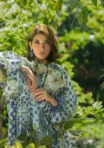 Elaf Bridgerton Prints EPB-5A VIOLETTE digital printed lawn suit with voile dupatta and cambric trouser UKfront kameez and sleeves close look
