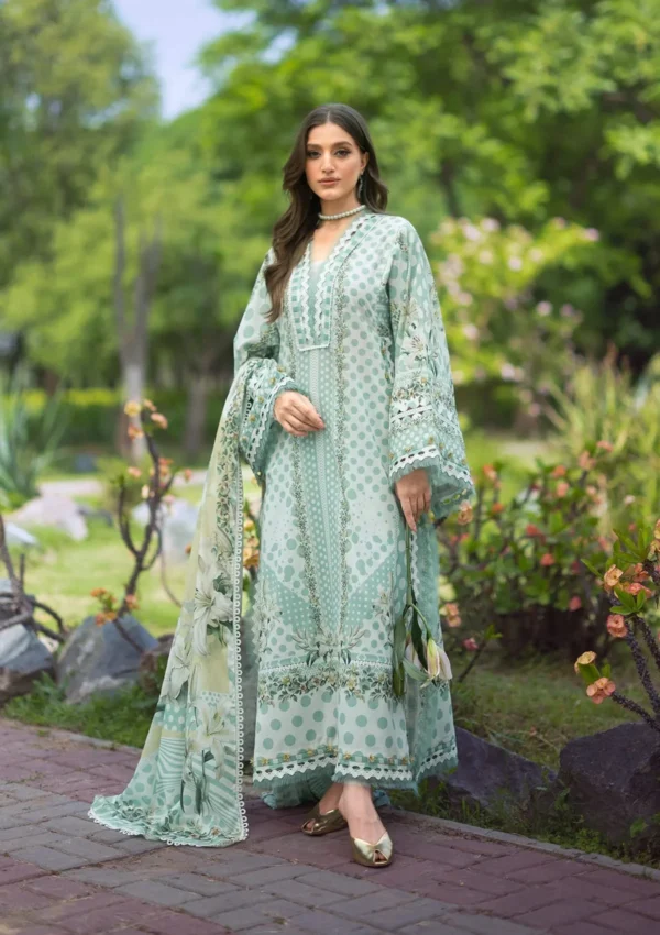 Elaf Bridgerton Prints EPB-5B CIELA BELLE digital printed lawn suit with voile dupatta and cambric trouser UK, full front look