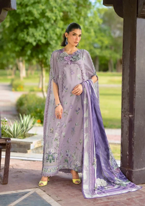 Elaf Bridgerton Prints EPB-6A LILAC GARDEN digital printed lawn suit with voile dupatta and cambric trouser UK, FULL FRONT LOOK
