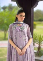Elaf Bridgerton Prints EPB-6A LILAC GARDEN digital printed lawn suit with voile dupatta and cambric trouser UK, kameez neck design close look