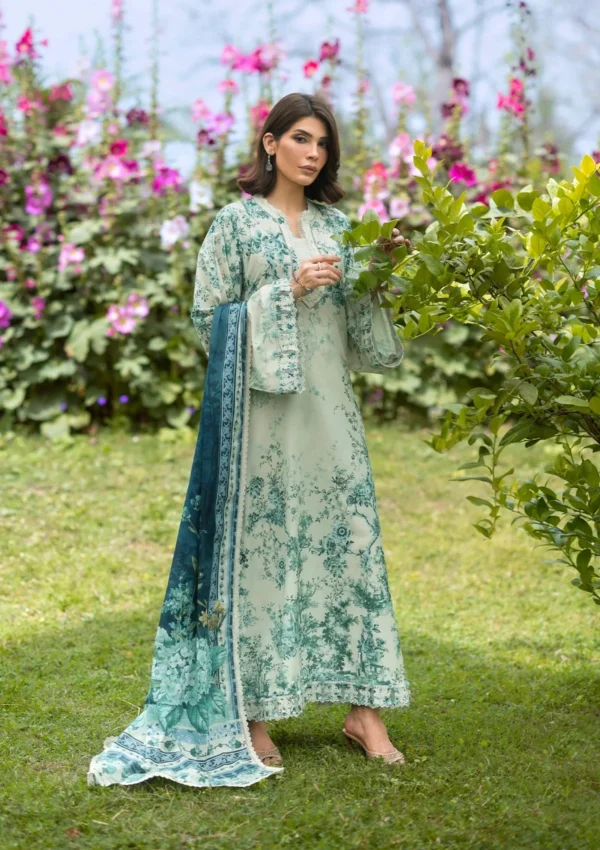Elaf Bridgerton Prints EPB-7A DAPHANEE digital printed lawn suit with voile dupatta and cambric trouser UK, fulll front look