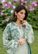 Elaf Bridgerton Prints EPB-7A DAPHANEE digital printed lawn suit with voile dupatta and cambric trouser UK, front kameez close look