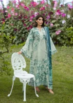 Elaf Bridgerton Prints EPB-7A DAPHANEE digital printed lawn suit with voile dupatta and cambric trouser UK, front salwar, kameez and dupatta