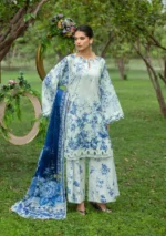 Elaf Bridgerton Prints EPB-7B FIORI D’AVORIO digital printed lawn suit with voile dupatta and cambric trouser UK, full front look