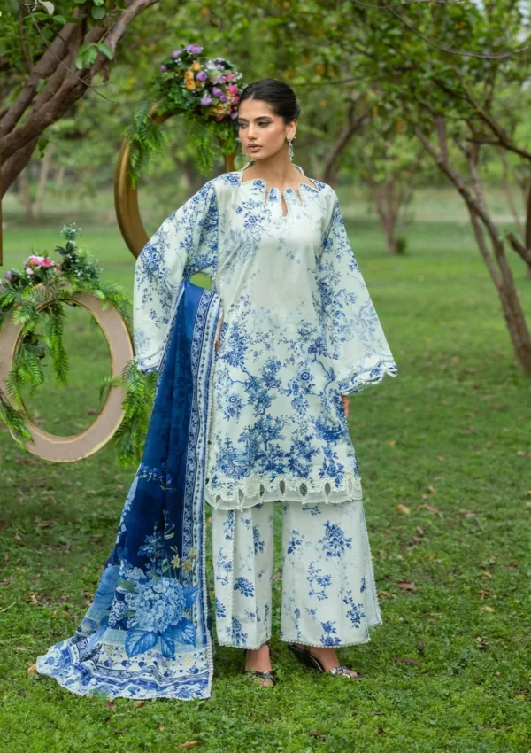 Elaf Bridgerton Prints EPB-7B FIORI D’AVORIO digital printed lawn suit with voile dupatta and cambric trouser UK, full front look