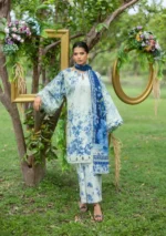 Elaf Bridgerton Prints EPB-7B FIORI D’AVORIO digital printed lawn suit with voile dupatta and cambric trouser UK, front salwar, kameez and dupatta