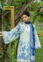 Elaf Bridgerton Prints EPB-7B FIORI D’AVORIO digital printed lawn suit with voile dupatta and cambric trouser UK, front kameez neck design and print look
