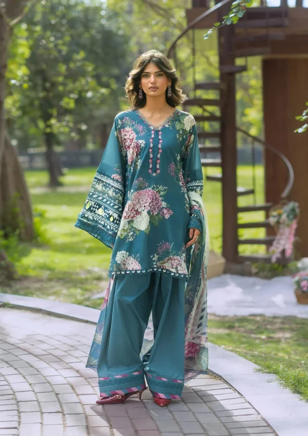 Elaf Bridgerton Prints EPB-8A ELOISE digital printed lawn suit with voile dupatta and cambric trouser UK, full front lawn suit look