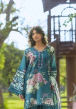Elaf Bridgerton Prints EPB-8A ELOISE digital printed lawn suit with voile dupatta and cambric trouser UK, front kameez neck design
