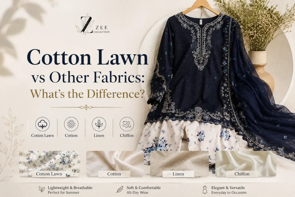 Comparison image showing a navy blue embroidered Pakistani cotton lawn suit with the title "Cotton Lawn vs Other Fabrics: What's the Difference?", highlighting how lawn fabric compares with linen, cotton, voile, chiffon, and cambric for comfort, breathability, and summer wear.