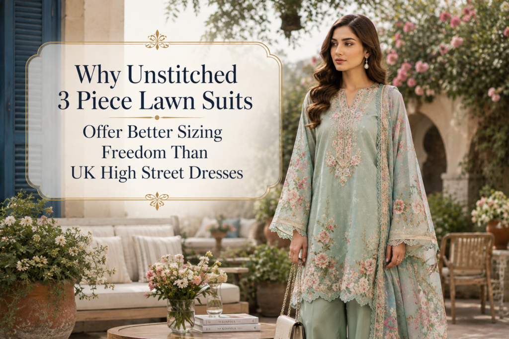Stylish woman wearing a pastel purple floral unstitched 3-piece lawn suit with a matching dupatta, standing in an elegant flower-filled courtyard. The image highlights the benefits of unstitched lawn suits, including custom fit, design freedom, breathable comfort, and modesty options compared with UK high street dresses.