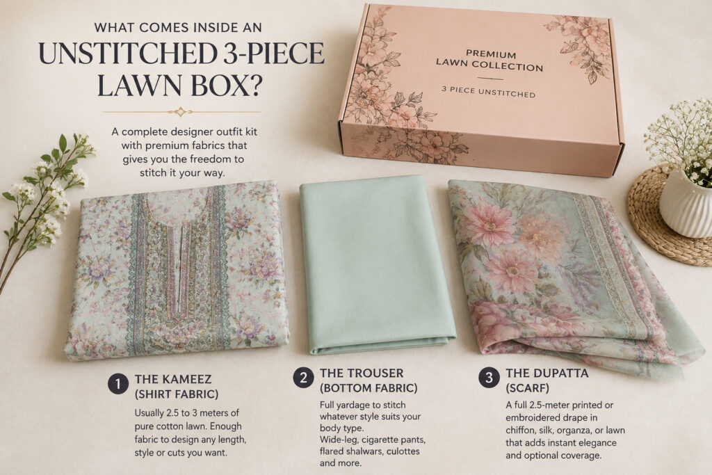 Unstitched 3-piece lawn suit collection displayed with a premium floral box, featuring kameez shirt fabric, trouser fabric, and a printed floral dupatta, with labels explaining the fabric pieces and their styling options.