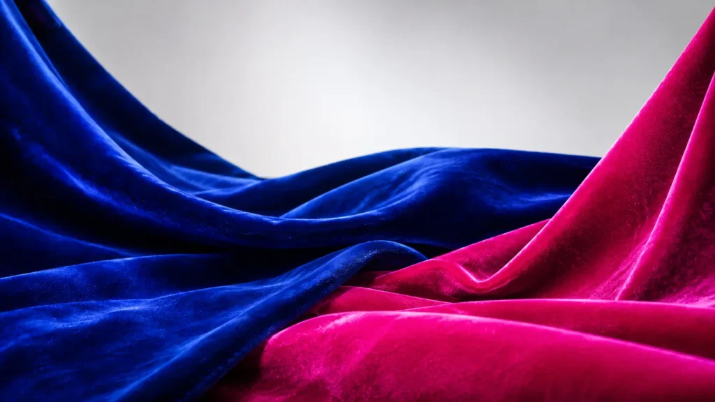 Royal blue and vibrant pink stretch velvet fabric draped on light grey background