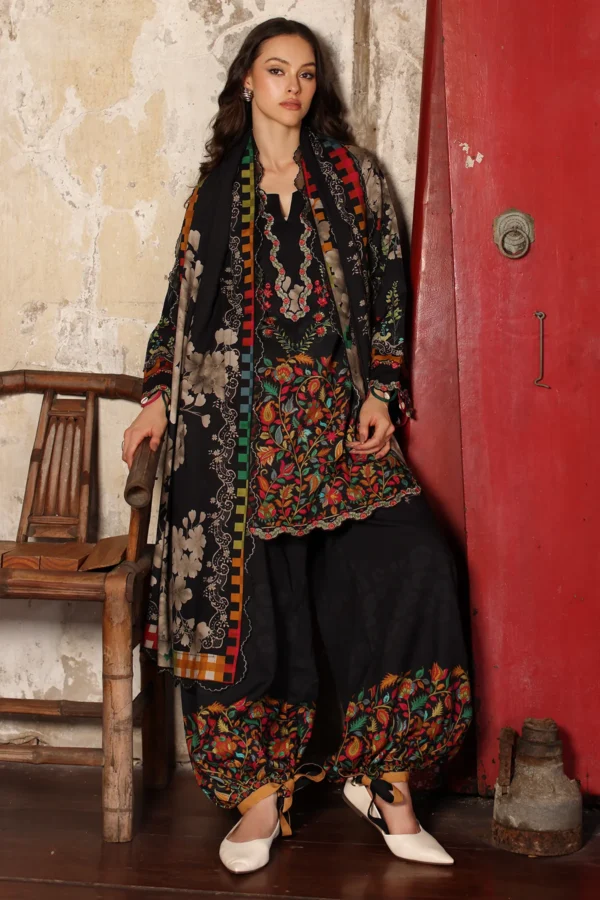 3-Piece Unstitched Charizma Combination Winter V1 ‘26 - CCW7-01, luxurious embroidered linen suit at Zee Collections UK, full front look