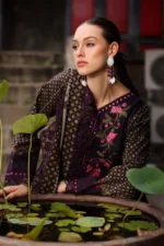 3-Piece Unstitched Charizma Combination Winter V1 ‘26 - CCW7-05, luxurious embroidered linen suit at Zee Collections UK, front neck embroidery close look