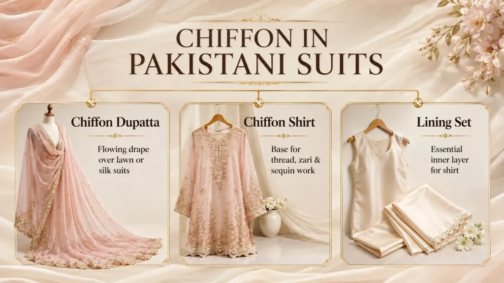 Chiffon in Pakistani Suits as Dupatta Shirt and Lining