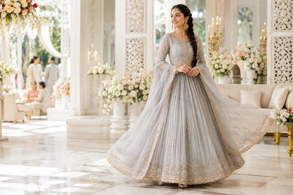 Pakistani woman wearing light grey china crinkle chiffon anarkali with gold tilla embroidery