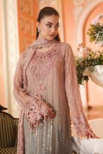 3-Piece Unstitiched Maria B Chiffon | Brunch Appetit | MPC-26-202, luxurious embroidered pink & grey suit at Zee Collections UK, front shirt close look
