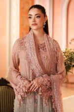 3-Piece Unstitiched Maria B Chiffon | Brunch Appetit | MPC-26-202, luxurious embroidered pink & grey suit at Zee Collections UK, shirt neck and dupatta closeup