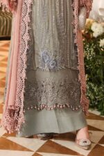3-Piece Unstitiched Maria B Chiffon | Brunch Appetit | MPC-26-202, luxurious embroidered pink & grey suit at Zee Collections UK, kameez daman embroidery closeup