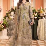 3-Piece Unstitiched Maria B Chiffon | Brunch Appetit | MPC-26-203, luxurious embroidered coffee color suit at Zee Collections UK, full front look