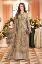 3-Piece Unstitiched Maria B Chiffon | Brunch Appetit | MPC-26-203, luxurious embroidered coffee color suit at Zee Collections UK, full front look