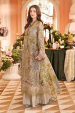 3-Piece Unstitiched Maria B Chiffon | Brunch Appetit | MPC-26-203, luxurious embroidered coffee color suit at Zee Collections UK, side look