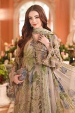 3-Piece Unstitiched Maria B Chiffon | Brunch Appetit | MPC-26-203, luxurious embroidered coffee color suit at Zee Collections UK, dupatta and kameez close up