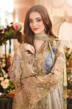 3-Piece Unstitiched Maria B Chiffon | Brunch Appetit | MPC-26-203, luxurious embroidered coffee color suit at Zee Collections UK, sleeves embroidery design closeup