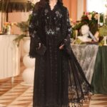 3-Piece Unstitiched Maria B Chiffon | Brunch Appetit | MPC-26-204, luxurious embroidered black color suit at Zee Collections UK, full front look
