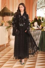 3-Piece Unstitiched Maria B Chiffon | Brunch Appetit | MPC-26-204, luxurious embroidered black color suit at Zee Collections UK, full front look