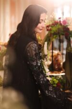 3-Piece Unstitiched Maria B Chiffon | Brunch Appetit | MPC-26-204, luxurious embroidered black color suit at Zee Collections UK, sleeves closeup