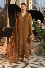 3-Piece Unstitiched Maria B Chiffon | Brunch Appetit | MPC-26-205, luxurious embroidered mustard color suit at Zee Collections UK, full front look