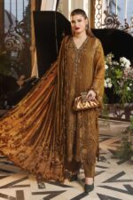 3-Piece Unstitiched Maria B Chiffon | Brunch Appetit | MPC-26-205, luxurious embroidered mustard color suit at Zee Collections UK, front kameez neck design