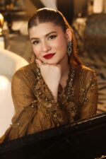 3-Piece Unstitiched Maria B Chiffon | Brunch Appetit | MPC-26-205, luxurious embroidered mustard color suit at Zee Collections UK, sleeves closeup