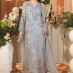 3-Piece Unstitiched Maria B Chiffon | Brunch Appetit | MPC-26-206, luxurious embroidered ice blue color suit at Zee Collections UK, full front look