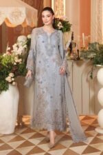 3-Piece Unstitiched Maria B Chiffon | Brunch Appetit | MPC-26-206, luxurious embroidered ice blue color suit at Zee Collections UK, full front look