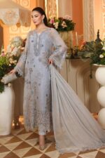 3-Piece Unstitiched Maria B Chiffon | Brunch Appetit | MPC-26-206, luxurious embroidered ice blue color suit at Zee Collections UK, side look
