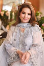 3-Piece Unstitiched Maria B Chiffon | Brunch Appetit | MPC-26-206, luxurious embroidered ice blue color suit at Zee Collections UK, front shirt closeup