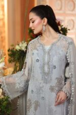 3-Piece Unstitiched Maria B Chiffon | Brunch Appetit | MPC-26-206, luxurious embroidered ice blue color suit at Zee Collections UK, neck embroidery close look