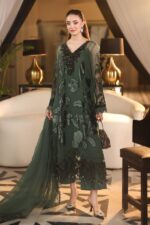 3-Piece Unstitiched Maria B Chiffon | Brunch Appetit | MPC-26-207, luxurious embroidered green color suit at Zee Collections UK, full front look