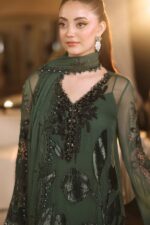 3-Piece Unstitiched Maria B Chiffon | Brunch Appetit | MPC-26-207, luxurious embroidered green color suit at Zee Collections UK, front neck design closeup