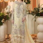 3-Piece Unstitiched Maria B Chiffon | Brunch Appetit | MPC-26-208, luxurious embroidered lime yellow color suit at Zee Collections UK, full front look