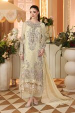 3-Piece Unstitiched Maria B Chiffon | Brunch Appetit | MPC-26-208, luxurious embroidered lime yellow color suit at Zee Collections UK, full front look