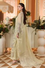 3-Piece Unstitiched Maria B Chiffon | Brunch Appetit | MPC-26-208, luxurious embroidered lime yellow color suit at Zee Collections UK, side look