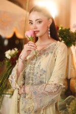 3-Piece Unstitiched Maria B Chiffon | Brunch Appetit | MPC-26-208, luxurious embroidered lime yellow color suit at Zee Collections UK, sleeves closeup