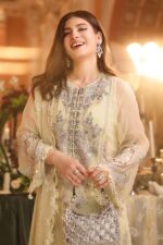 3-Piece Unstitiched Maria B Chiffon | Brunch Appetit | MPC-26-208, luxurious embroidered lime yellow color suit at Zee Collections UK, front kameez design