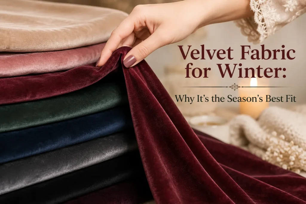 Velvet fabric for winter in rich burgundy, navy, green, beige and black shades held by a woman’s hand