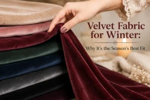 Velvet fabric for winter in rich burgundy, navy, green, beige and black shades held by a woman’s hand